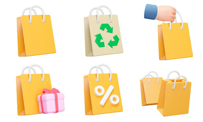 Shopping bag 3d icon set. Paper package. recycling, hold in hand, gift, discounts, etc. Isolated icons, objects on a transparent background