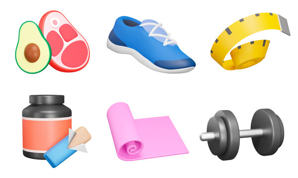 Sport, fitness 3d icon set. Physical training and nutrition. Equipment for sports activities. Isolated icons, objects on a transparent background