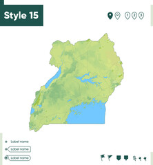 Obraz premium Uganda - map with shaded relief, land cover, rivers, lakes, mountains. Biome map.