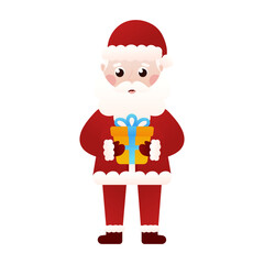 Santa Claus character holding gift boxe in cartoon style on white background, clip art for poster design
