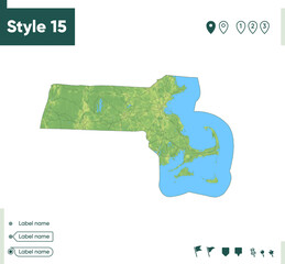 Massachusetts, USA - map with shaded relief, land cover, rivers, lakes, mountains. Biome map.