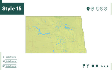 North Dakota, USA - map with shaded relief, land cover, rivers, lakes, mountains. Biome map.