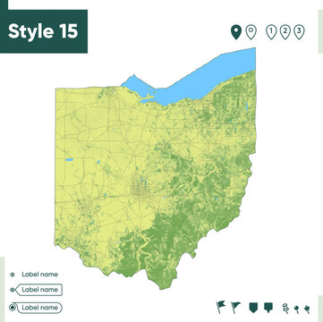 Ohio, USA - map with shaded relief, land cover, rivers, lakes, mountains. Biome map.