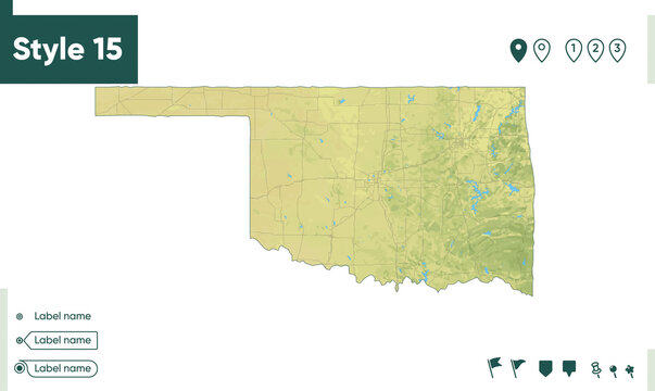 Oklahoma, USA - map with shaded relief, land cover, rivers, lakes, mountains. Biome map.