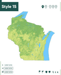Wisconsin, USA - map with shaded relief, land cover, rivers, lakes, mountains. Biome map.