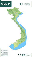 Vietnam - map with shaded relief, land cover, rivers, lakes, mountains. Biome map.