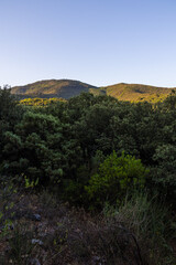 Vue au lever du soleil sur les montagnes autour d'Olargues dans le Parc naturel r&eacute;gional du Haut-Languedoc