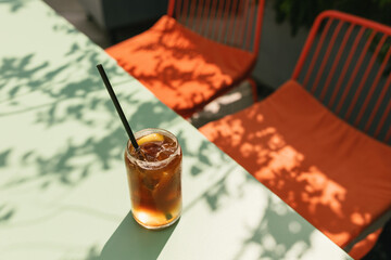 Still life of summer drink with coffee, lemon and tonic on table with leaf shadows. Outdoors....