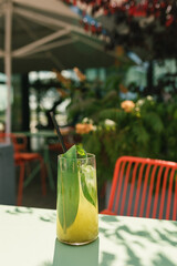 Still life of refreshing drink with kiwi, basil on table on summer terrace. Cold lemonade on hot summer day.