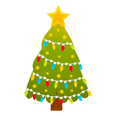 Fototapeta premium Christmas tree in cartoon style, isolated on white background, clip art for poster design or greetings cards