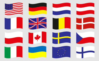 Vector drawing flags of European countries, EU, flags USA and Canada