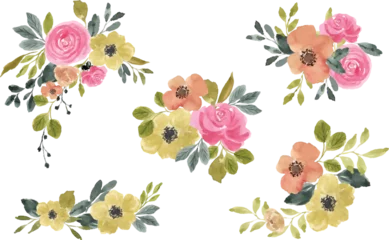 Schilderijen op glas set of vintage floral watercolor arrangement © ningpuj