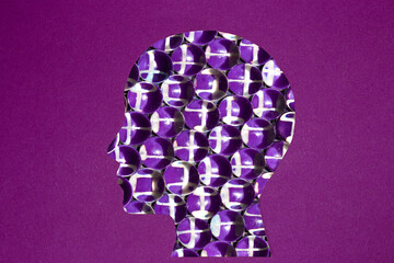 abstract futuristic purple head on purple background, creative art modern design, network data from head
