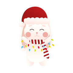 Cute bunny holding christmas lights garland in cartoon style, isolated on white background, clip art for poster design