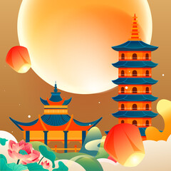 Fototapeta premium Mid-autumn festival on August 15th, Chinese mythology story Chang'e flying to the moon with moon and clouds in the background, vector illustration