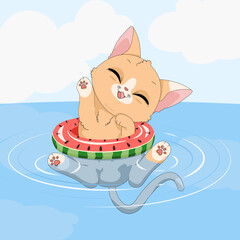 Uroczy mały rudy kotek w kole do pływania, bawiący się w wodzie. Wektorowa ilustracja zadowolonego, rozbawionego kota. Słodki, zabawny zwierzak. Letnia, wakacyjna ilustracja. - obrazy, fototapety, plakaty