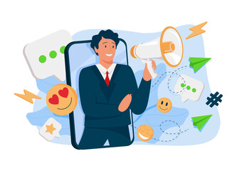 Digital marketing and promotion illustration. Characters analyzing graph, charts and planning marketing strategy.