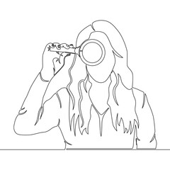 Obraz premium Continuous line drawing Young woman using magnifying glass Searching internet data icon vector illustration concept