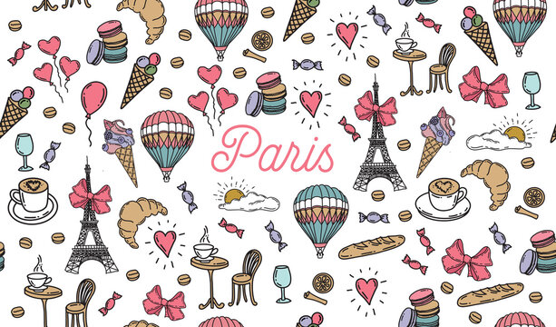 French icons, Paris sketch illustration. Vector.	
