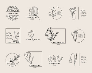 Hand drawn botanical logo. Floral line emblem, natural logotype template for spa and beauty salon, boutique. Elegant plant, organic label minimal style, rustic wedding card vector set