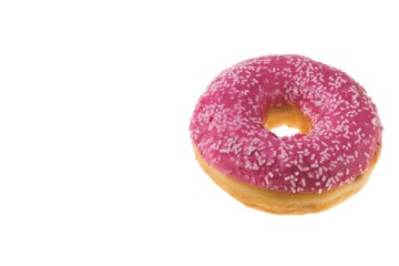 Close up view of pink donut sprinkled with white glaze isolated on white background. Food and drink concept. Sweden.