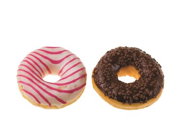 Close up view of pink and chocolate donut sprinkled with nuts and white glaze isolated on white background.  Sweden.