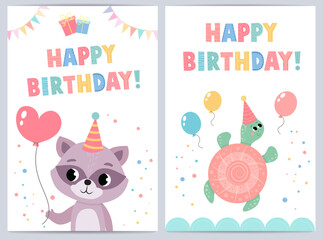 Cute birthday cards for kids with funny animals. vector illustration