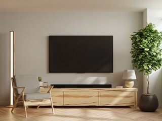 TV room in warm tones style house on white wall background.