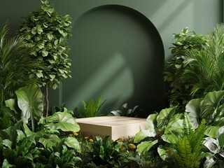 Wooden cube podium in tropical forest for product presentation and green background.