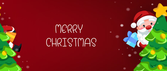 Christmas day banner background, Santa Clause holding gift behind Christmas tree on red wall