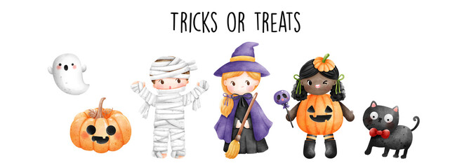 Fototapeta premium Happy Halloween with cute children in halloween costume. Vector illustration