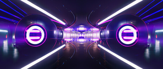 Abstract futuristic neon tunnel, corridor, portal. Modern blue neon background, laser beams. 3D illustration.