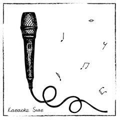 Hand-drawn microphone with cord connection. Black and white pen drawn illustration.