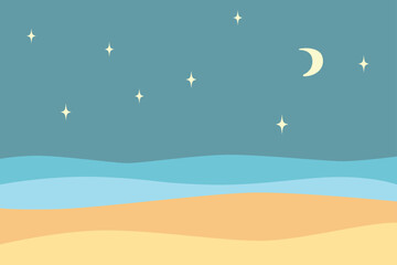 Fototapeta na wymiar Vector night landscape: dark sky, moon, stars, wavy sea, beige sand. Flat design simple illustration for card. poster, invitation.