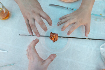 top view of the last juicy piece of meat on a metal skewer lying on a plastic plate on the table, to which the hands of several hungry and greedy people are reaching