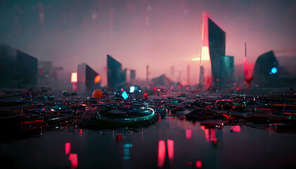 Abstract futuristic and sci-fi neon night city. Top view of the urban night landscape. Neon lights, the city is not on the shore. 3D illustration.