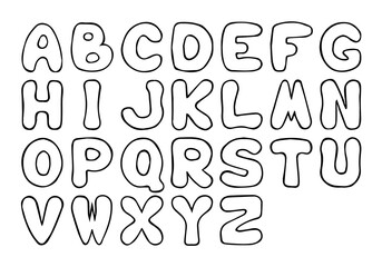 Cute English alphabet. Hand Drawn. Freehand drawing. Doodle. Sketch. Outline. Coloring page.	