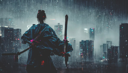 Samurai on the background of the night neon city, rain. Dark rainy streets, neon lights in the dark. Samurai silhouette, dark city streets, smoke, smog, blurred background. 3D illustration. - obrazy, fototapety, plakaty