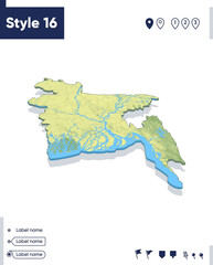 Bangladesh - map with shaded relief, land cover, rivers, mountains. Biome map with shadow.