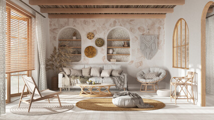 Bohemian wooden living room with wallpaper, parquet and cane ceiling. Sofa, jute carpet and rattan armchairs in white and beige tones. Boho style interior design