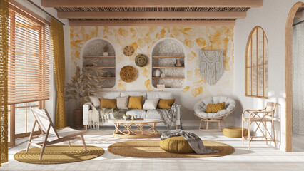 Bohemian wooden living room with wallpaper, parquet and cane ceiling. Sofa, jute carpet and rattan armchairs in white and yellow tones. Boho style interior design © ArchiVIZ