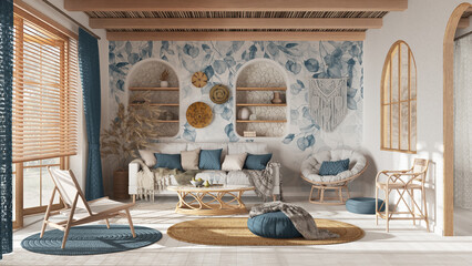 Bohemian wooden living room with wallpaper, parquet and cane ceiling. Sofa, jute carpet and rattan armchairs in white and blue tones. Boho style interior design