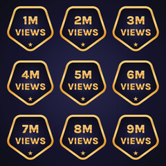golden color 1 million to 9 million views celebration banner design set vector, 1m plus views sticker
