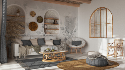 Bohemian wooden living room in white and gray tones, wallpaper, parquet and cane ceiling. Sofa, jute carpet and rattan armchair. Boho style interior design