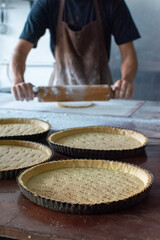 Preparing a macadamia pie with toffee. Kneading and baking of a cake. Pastry and pastry.