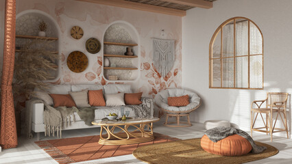 Bohemian wooden living room in white and orange tones, wallpaper, parquet and cane ceiling. Sofa, jute carpet and rattan armchair. Boho style interior design