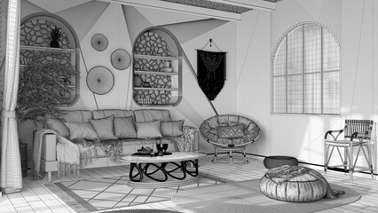 Blueprint unfinished project draft, bohemian wooden living room, wallpaper, parquet and cane ceiling. Sofa, jute carpet and rattan armchair. Boho style interior design