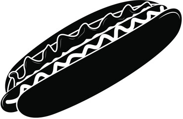 Vector image of a hot dog on a white background, black and white drawing (silhouettes)