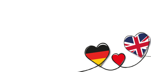 Drei Herzen in den Farben Deutschlands und des Vereinigten Königreichs