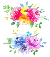 Floral bouquets of colorful flowers , watercolor